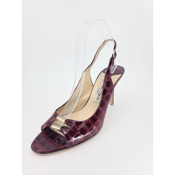 Jimmy Choo Vintage Plum Alligator Open Toe Slingback Gold Accent Pumps Size 40 - Picture 3 of 8